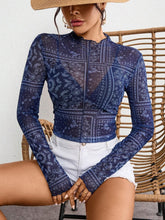 Paisley Mock Neck Long Sleeve Sheer Top Dark Blue OutfitFlow
