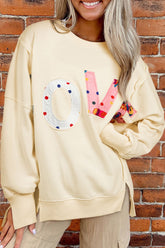 LOVE Patch Round Neck Sweater Cream OutfitFlow