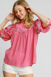 Umgee Full Size Embroidered Puff Sleeve Mock Neck Top Plus Size Hot Pink OutfitFlow