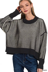 Zenana Ribbed Exposed Seam Two Tone Sweater BLACK OutfitFlow
