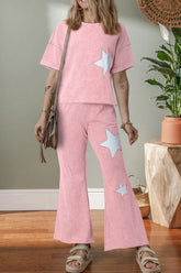 Star Round Neck Half Sleeve Top and Pants Set Blush Pink OutfitFlow