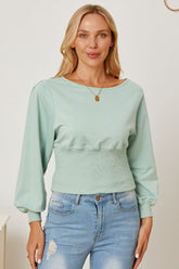 Boat Neck Lantern Sleeve Blouse Sage OutfitFlow