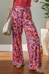 Floral Wide Leg Elastic High Waist Pants Strawberry OutfitFlow