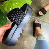 PU Leather Open Toe Platform Sandals Black OutfitFlow