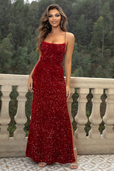 Sequin Backless Split Maxi Dress Wine OutfitFlow