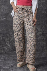 Leopard Printed Drawstring Waist Pocketed Wide Leg Jeans Leopard OutfitFlow