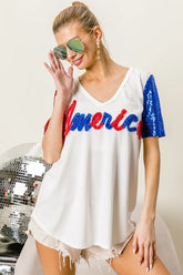 BiBi Metallic Letter V-neck Sequin Sleeves Top OFF WHITE OutfitFlow