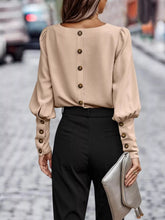 Back Button Lantern Sleeve Blouse Tan OutfitFlow