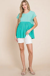 Lime 'N' Chili Full Size Embroidered Short Sleeve Pleated Babydoll Top Plus Size MINT OutfitFlow