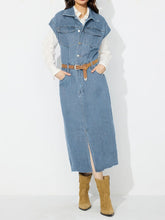Slit Half Button Collared Neck Cap Sleeve Denim Dress Light OutfitFlow