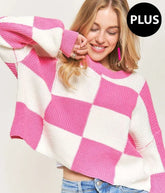 ADORA Plus Size Comfy Checkered Colorblock Sweater Top PINK OutfitFlow