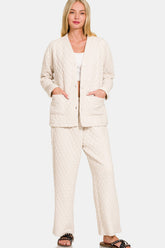 Zenana Quilted Button Up Long Sleeve Top and Pants Lounge Set Beige OutfitFlow