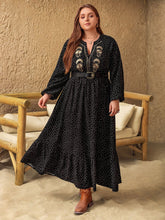 Plus Size Embroidered Polka Dot Notched Long Sleeve Dress Black OutfitFlow