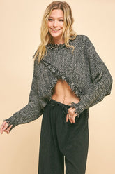 Davi & Dani Fringe Hem Overlapping Asymmetrical Crop Sweater Grey Black OutfitFlow