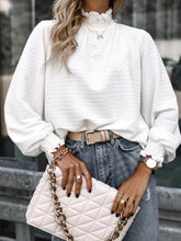Smocked Frill Mock Neck Long Sleeve Blouse White OutfitFlow