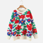 Floral Round Neck Drop Shoulder Sweater White OutfitFlow