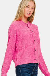 Zenana Button Down Long Sleeve Sweater Cardigan Fuchsia OutfitFlow