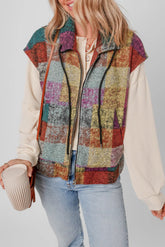 Plaid Zip Up Collared Neck Vest Coat Plaid OutfitFlow