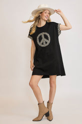 Umgee Peace Plaid Applique Short Sleeve Mini Dress Black OutfitFlow