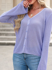 Lightweight V Neck Button Front Bell Sleeve Cardigan OutfitFlow