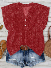 Polka Dot Notched Ruffled Cap Sleeve Blouse Deep Red OutfitFlow