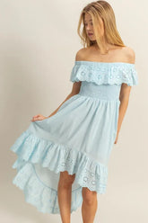 HYFVE High-Low Eyelet Ruffled Off-Shoulder Dress Pastel Blue OutfitFlow