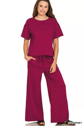 Zenana Cotton Slub Short Sleeve Tee and Pants Set CABERNET OutfitFlow
