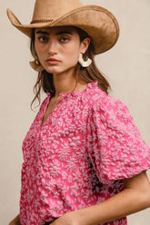 BiBi Floral Pattern Texture Short Balloon Sleeves Ruffled Blouse FUCHSIA OutfitFlow
