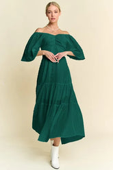 Davi & Dani Swiss Dotted Ruched Ruffle Open Back Midi Dress Forest Green OutfitFlow