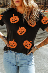 Full Size Glitter Jack-O'-Lantern Round Neck Short Sleeve T-Shirt Black OutfitFlow