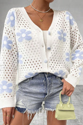 Flower Hollowed Out Button Down Long Sleeve Cardigan White OutfitFlow
