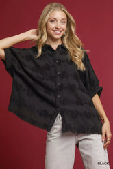Umgee Jacquard Heart Collared Shirt Black OutfitFlow