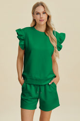 Double Take Full Size Texture Round Neck Ruffle Sleeve Top and Shorts Set Dark Green OutfitFlow