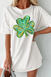 Lucky Clover Round Neck Short Sleeve T-Shirt White OutfitFlow