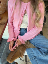 Ruffled Trim Knit Cardigan Pink OutfitFlow