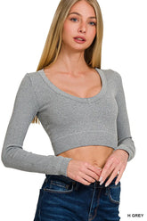 Zenana Seamless Fitted Rib V-neck Long Sleeve Crop Top H GREY OutfitFlow