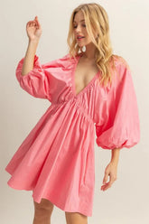 HYFVE Plunge Balloon Sleeve Poplin Mini Dress with Pockets Coral OutfitFlow