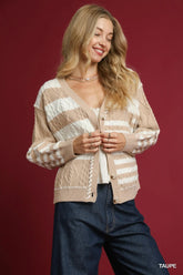 Umgee Cable-Knit Stripe Button-Up Cardigan Taupe OutfitFlow