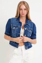 RISEN Puffed Short Sleeve Crop Denim Jackets DARK OutfitFlow