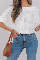 Eyelet Pattern Boat Neck Casual Tee White OutfitFlow