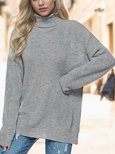 Turtleneck Drop Shoulder Long Sleeve Sweater Dark Gray OutfitFlow