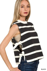 Zenana Side Tie Stripe Sweater Vest BLACK OutfitFlow