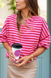 Striped Round Neck Long Sleeve Sweatshirt Fuchsia Pink OutfitFlow