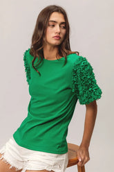 BiBi Short Mesh Flower Sleeve Knit Top JADE OutfitFlow