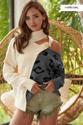 BiBi Cable-Knit Color Block One Shoulder Asymmetrical Sweater CHARCOAL OutfitFlow