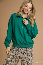 Umgee Half Zip Drop Shoulder Sweatshirt TEAL LAGOON-UMG OutfitFlow