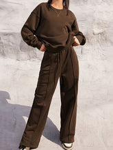 Round Neck Long Sleeve Top and Elastic Waist Pants Set Brown OutfitFlow