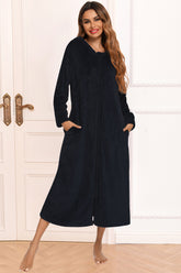 Zip Front Hooded Night Dress with Pockets Black OutfitFlow