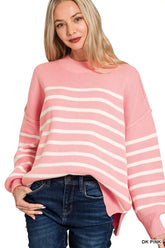 Zenana Exposed Seam Striped Oversized Sweater DK PINK OutfitFlow