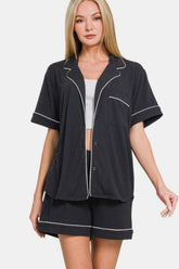 Zenana Button Down Short Sleeve Top and Shorts Lounge Set Black OutfitFlow